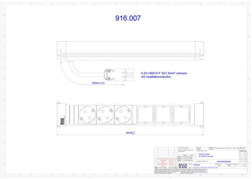 Bachmann POWER FRAME Steckdosenleiste 3xSchuko, 0,2m, schwarz (916.007)