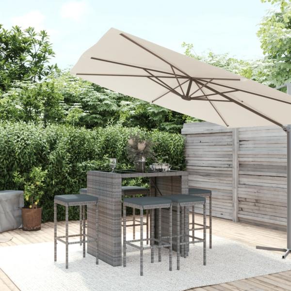 ARDEBO.de - 7-tlg. Gartenbar-Set mit Kissen Grau Poly Rattan