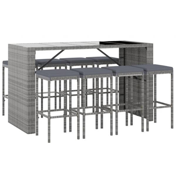 9-tlg. Gartenbar-Set mit Kissen Grau Poly Rattan