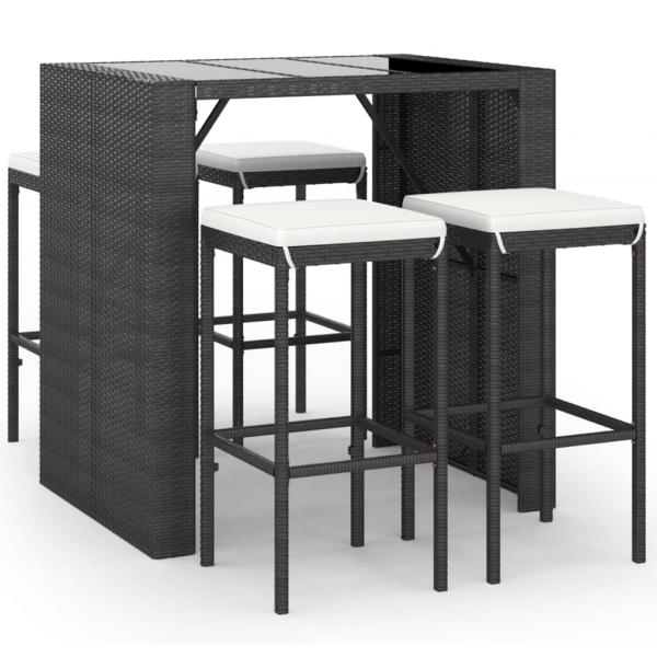 5-tlg. Gartenbar-Set mit Kissen Schwarz Poly Rattan