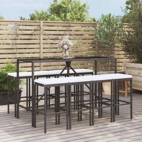 ARDEBO.de - 9-tlg. Gartenbar-Set mit Kissen Schwarz Poly Rattan