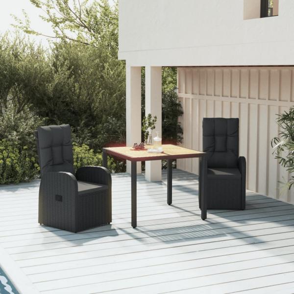 ARDEBO.de - 3-tlg. Garten-Essgruppe mit Kissen Schwarz Poly Rattan