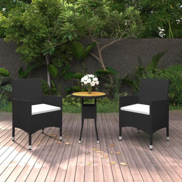 ARDEBO.de - 3-tlg. Bistro-Set Poly-Rattan und Massivholz Schwarz