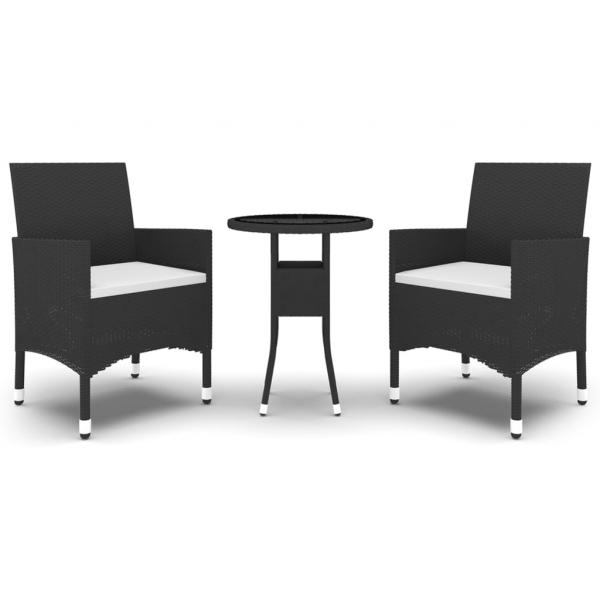 3-tlg. Bistro-Set Poly-Rattan und Hartglas Schwarz