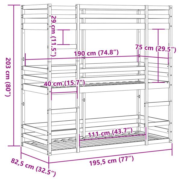 Dreifach-Etagenbett Wachsbraun 75x190 cm Massivholz Kiefer