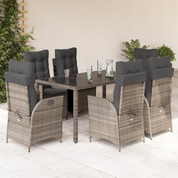 ARDEBO.de - 7-tlg. Garten-Essgruppe mit Kissen Grau Poly Rattan