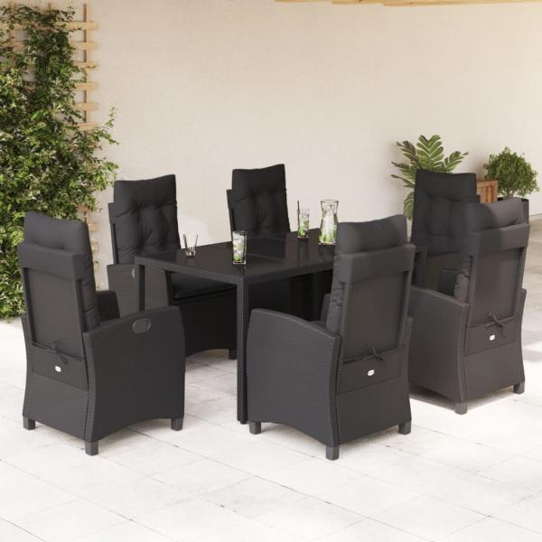 ARDEBO.de - 7-tlg. Garten-Essgruppe mit Kissen Schwarz Poly Rattan