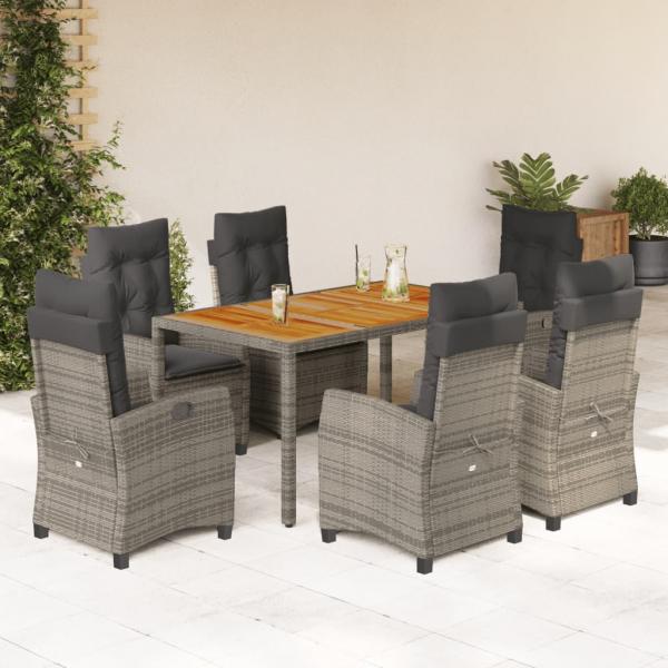 ARDEBO.de - 7-tlg. Garten-Essgruppe mit Kissen Grau Poly Rattan