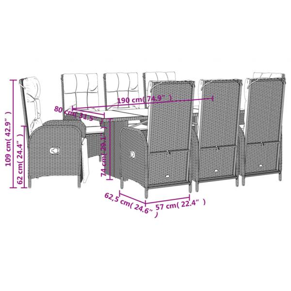 9-tlg. Garten-Essgruppe mit Kissen Grau Poly Rattan