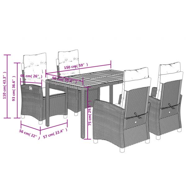 5-tlg. Garten-Essgruppe mit Kissen Schwarz Poly Rattan