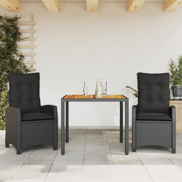 ARDEBO.de - 3-tlg. Garten-Essgruppe mit Kissen Schwarz Poly Rattan