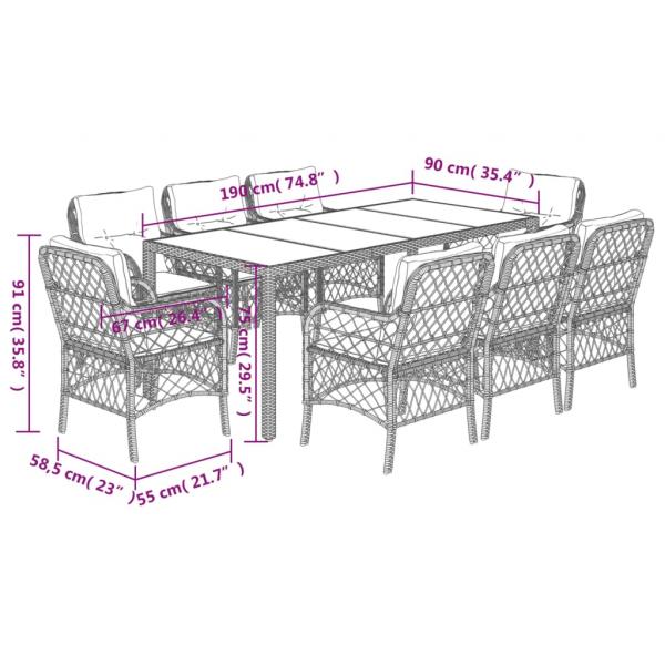 9-tlg. Garten-Essgruppe mit Kissen Grau Poly Rattan