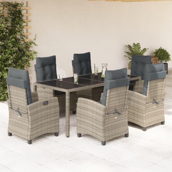 ARDEBO.de - 7-tlg. Garten-Essgruppe mit Kissen Grau Poly Rattan