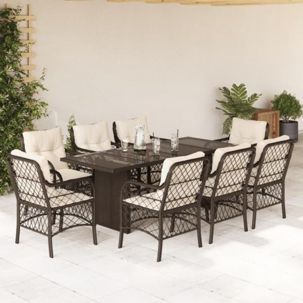 ARDEBO.de - 9-tlg. Garten-Essgruppe mit Kissen Braun Poly Rattan