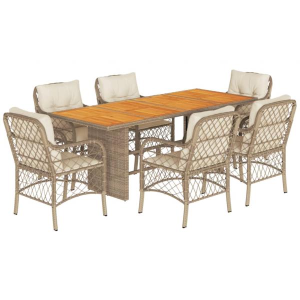 7-tlg. Garten-Essgruppe mit Kissen Beige Poly Rattan