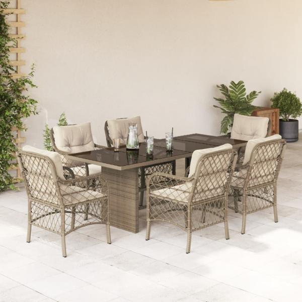 ARDEBO.de - 7-tlg. Garten-Essgruppe mit Kissen Beige Poly Rattan