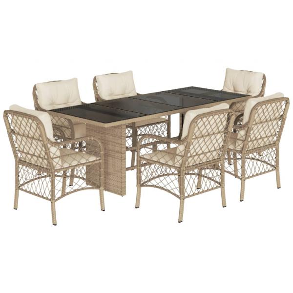 7-tlg. Garten-Essgruppe mit Kissen Beige Poly Rattan