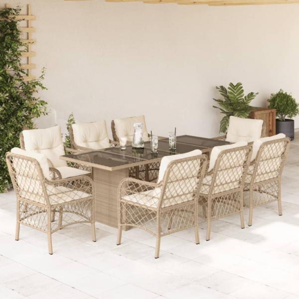 ARDEBO.de - 9-tlg. Garten-Essgruppe mit Kissen Beige Poly Rattan