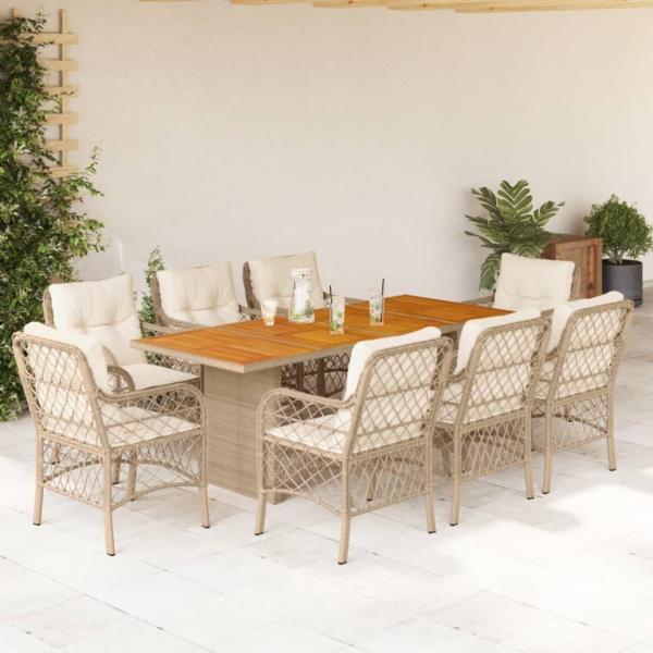 ARDEBO.de - 9-tlg. Garten-Essgruppe mit Kissen Beige Poly Rattan