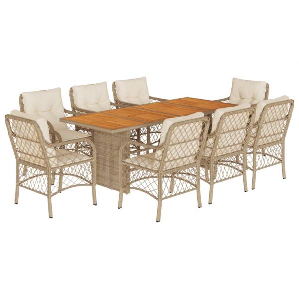 9-tlg. Garten-Essgruppe mit Kissen Beige Poly Rattan