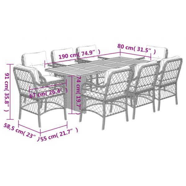 9-tlg. Garten-Essgruppe mit Kissen Beige Poly Rattan