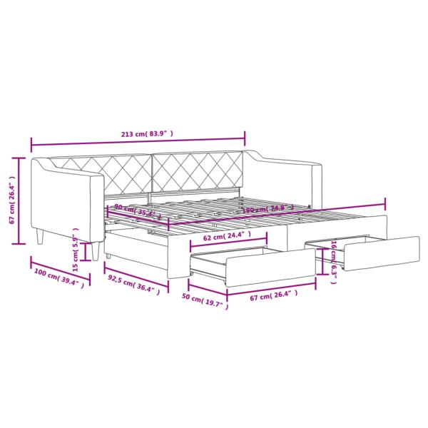 Tagesbett Ausziehbar mit Schubladen Hellgrau 90x190 cm Stoff