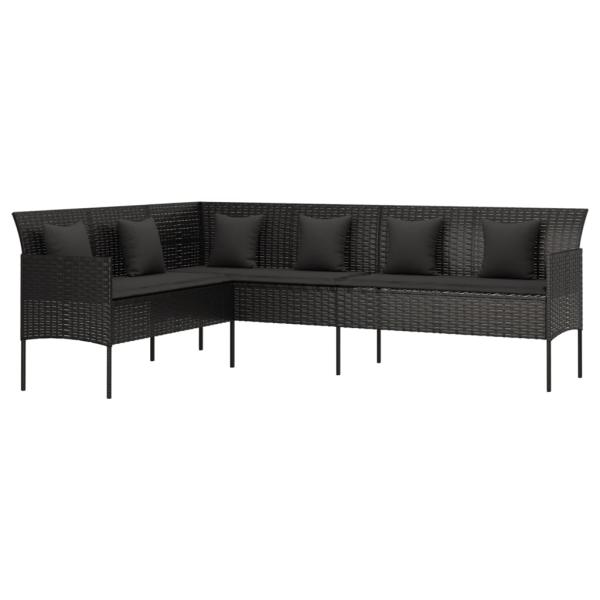 Gartensofa in L-Form mit Kissen Schwarz Poly Rattan