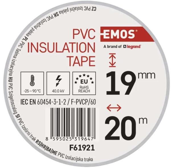 EMOS F61921 Isolierband, Breite 19mm, Länge 20m, PVC, weiß (2001192010)