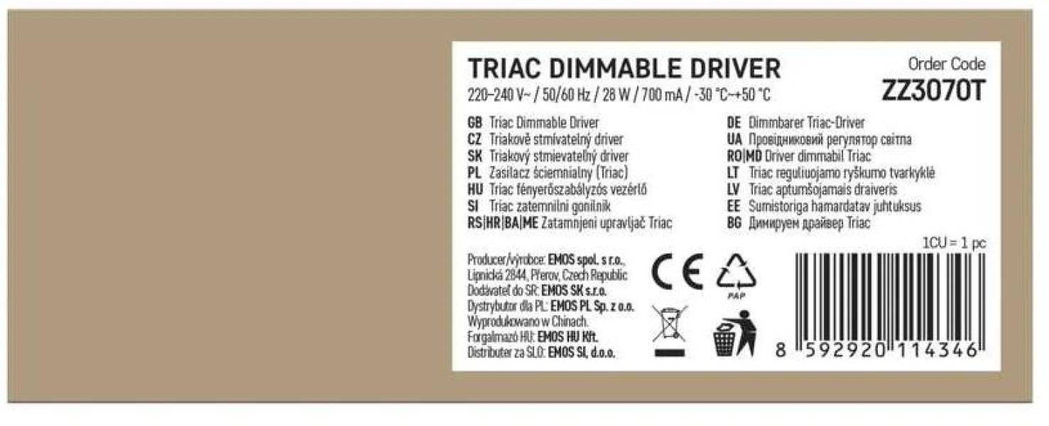 EMOS ZZ3070T Triac dimmbarer Treiber für LED-Leuchte, 700mA, 28W (1560030700)