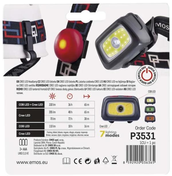 EMOS CREE P3531 LED + COB LED Stirnlampe P3531, 330lm, 65m, für 3xAAA, grau (1441233110)