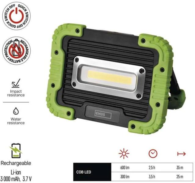 EMOS 1450000310 Aufladbarer COB LED-Strahler P4534, 600lm, 3000mAh