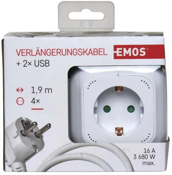 EMOS P04219GU Steckdosenwürfel, 4 Steckdosen, USB, 1,9m, 1,5mm², weiß (1922040191)