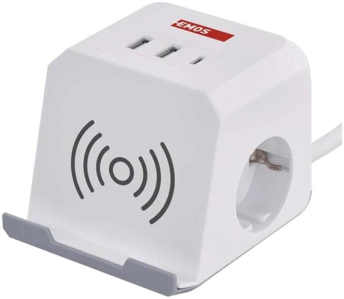 ARDEBO.de EMOS P0222CQ Steckdosenwürfel, 2 Steckdosen, 2×USB-A+1×USB-C+Qi, 2m, 1,5mm², weiß (1922120200)