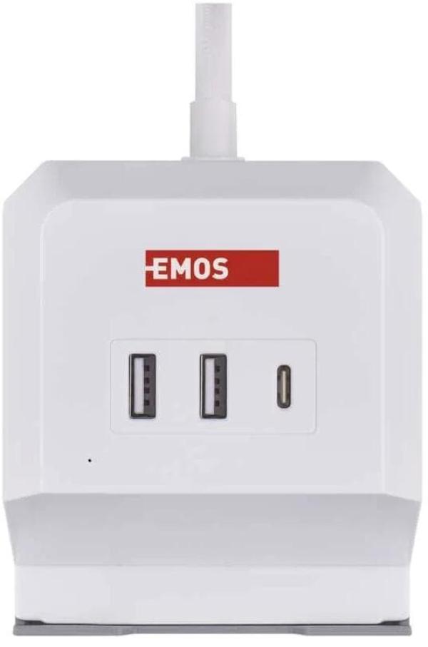 EMOS P0222CQ Steckdosenwürfel, 2 Steckdosen, 2×USB-A+1×USB-C+Qi, 2m, 1,5mm², weiß (1922120200)