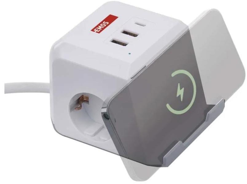 EMOS P0222CQ Steckdosenwürfel, 2 Steckdosen, 2×USB-A+1×USB-C+Qi, 2m, 1,5mm², weiß (1922120200)