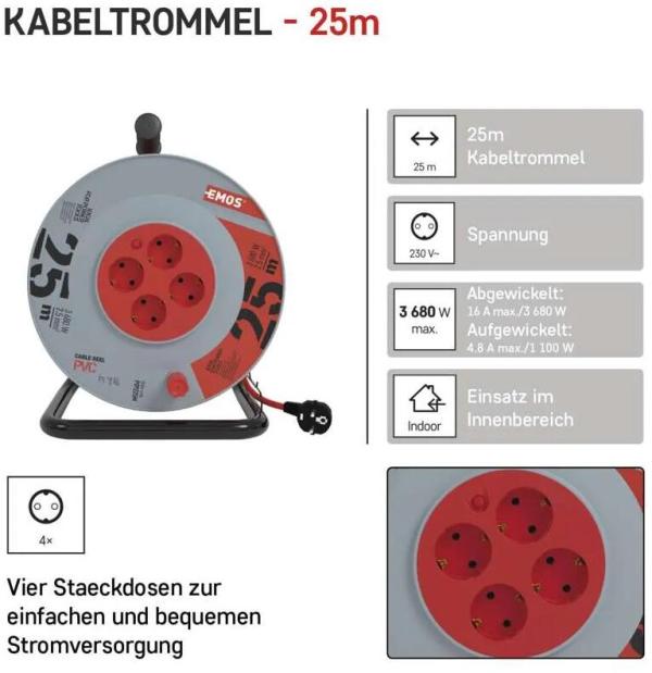 EMOS P09225M Kabeltrommel, SCHUKO, 4 Steckdosen, Länge 25m, 2,5mm², PVC, rot (1928042501)