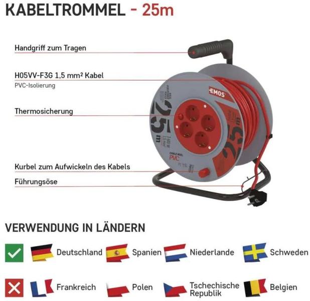 EMOS P09225 Kabeltrommel, SCHUKO, 4 Steckdosen, Länge 25m, 1,5mm², PVC, rot (1928042500)