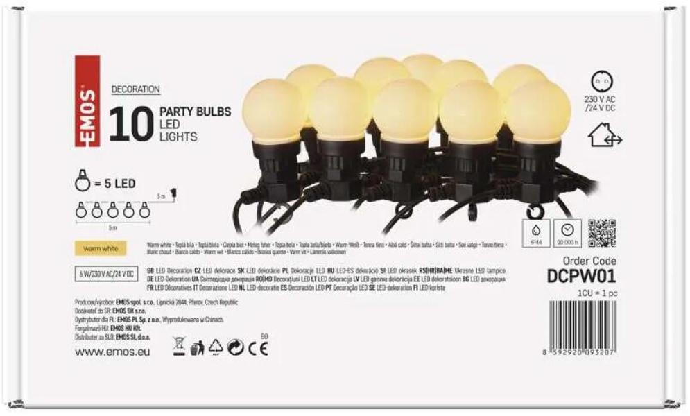 EMOS DCPW01 LED Lichterkette, 10x Partylichter milchig, 5m, Außen und Innen, mweiß (1550000000)