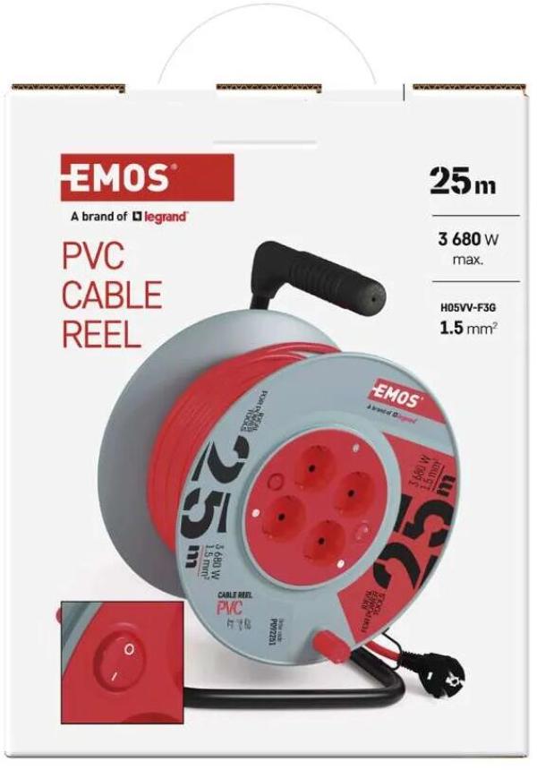 EMOS P092251 Kabeltrommel, SCHUKO, 4 Steckdosen, Länge 25m, 1,5mm², PVC, rot (1928042504)