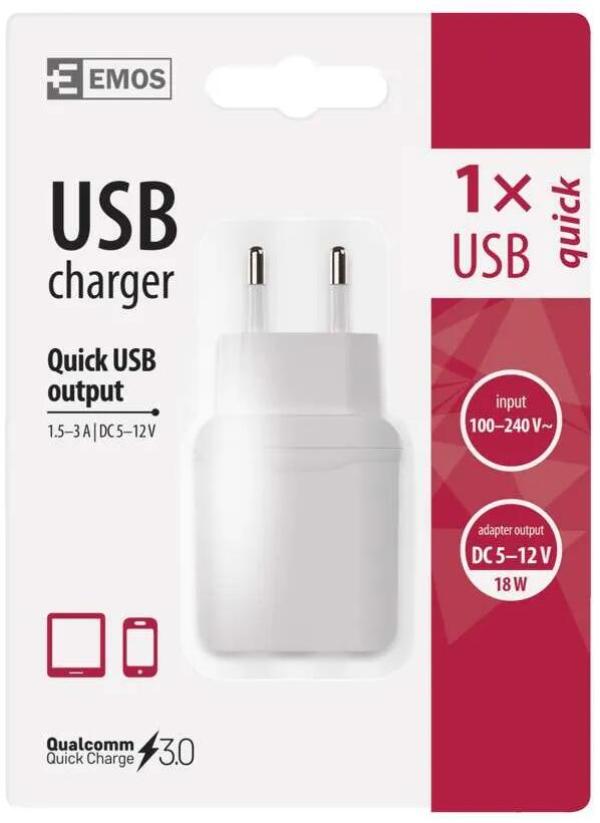 EMOS V0123 USB Netzadapter QUICK 3A, 18W, weiß (1704012300)