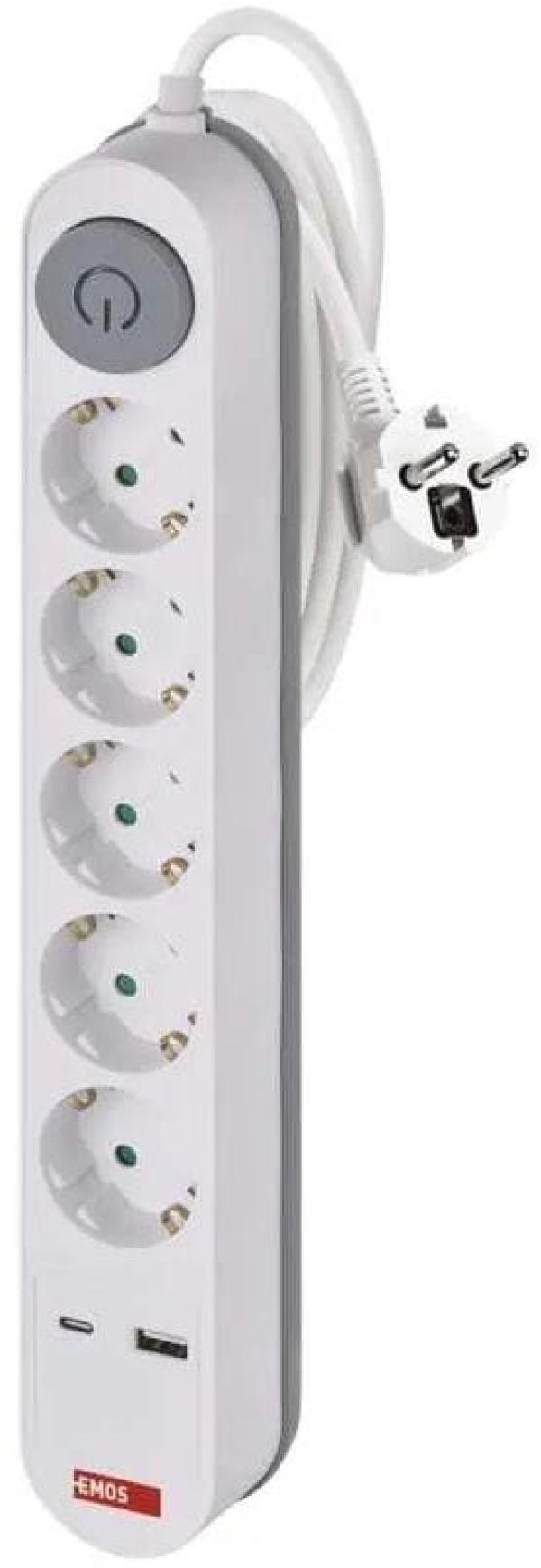 EMOS P1523PD Steckdosenleiste, 5 Steckdosen, 1× USB-A + 1× USB-C , 3m, 1,5mm², grauer Schalter, weiß (1922150305)