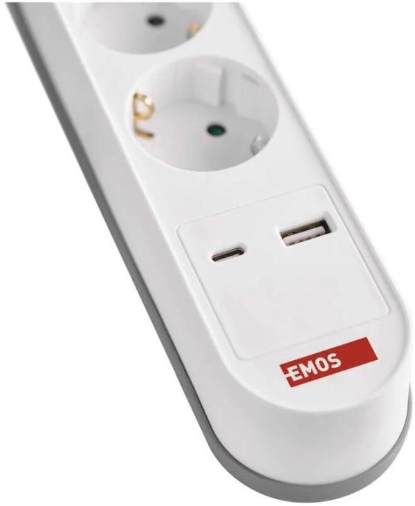 EMOS P1523PD Steckdosenleiste, 5 Steckdosen, 1× USB-A + 1× USB-C , 3m, 1,5mm², grauer Schalter, weiß (1922150305)