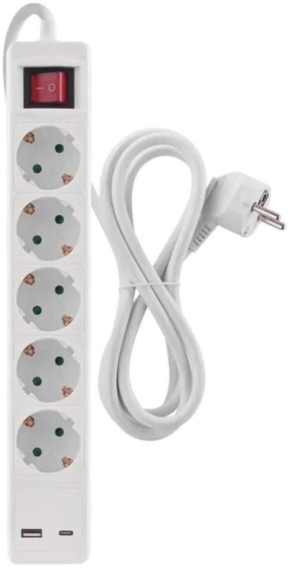 EMOS P1523CU Steckdosenleiste, 5 Steckdosen, 1× USB-A + 1× USB-C , 3m, 1,5mm², roter Schalter, weiß (1922150306)