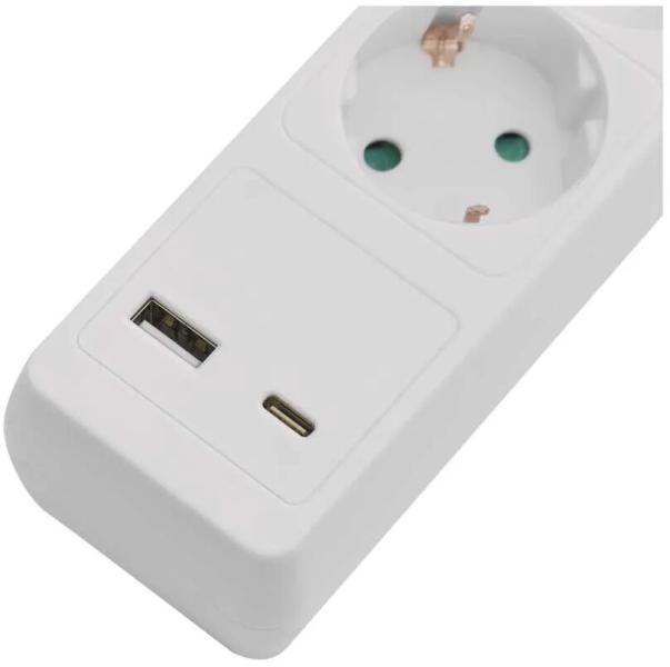 EMOS P1523CU Steckdosenleiste, 5 Steckdosen, 1× USB-A + 1× USB-C , 3m, 1,5mm², roter Schalter, weiß (1922150306)