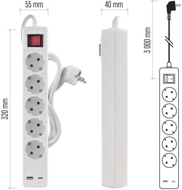 EMOS P1523CU Steckdosenleiste, 5 Steckdosen, 1× USB-A + 1× USB-C , 3m, 1,5mm², roter Schalter, weiß (1922150306)