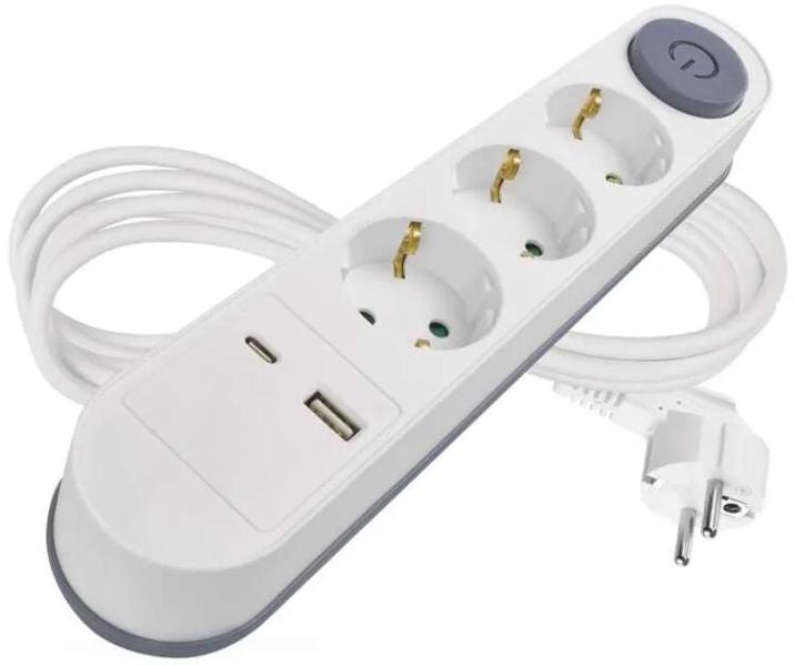 ARDEBO.de EMOS P1322PD Steckdosenleiste, 3 Steckdosen, 1× USB-A + 1× USB-C , 2m, 1,5mm², grauer Schalter, weiß (1922130202)