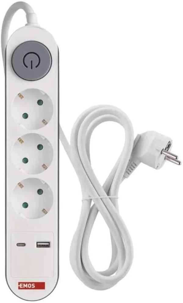 EMOS P1322PD Steckdosenleiste, 3 Steckdosen, 1× USB-A + 1× USB-C , 2m, 1,5mm², grauer Schalter, weiß (1922130202)