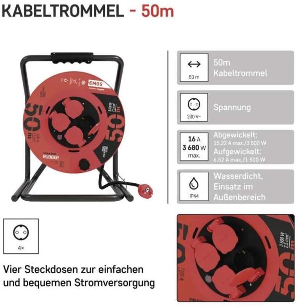 EMOS P19221 Kabeltrommel, SCHUKO, 4 Steckdosen, Länge 25m, 2,5mm², H05RR-F, Gummi, schwarz (1928545011)