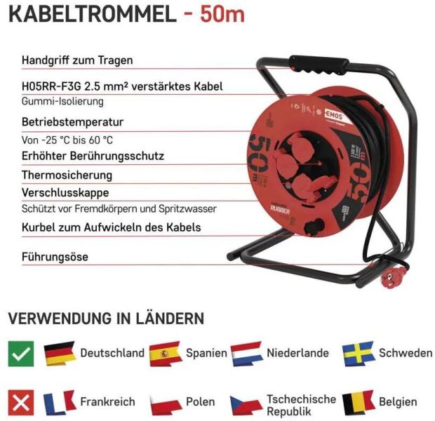 EMOS P19221 Kabeltrommel, SCHUKO, 4 Steckdosen, Länge 25m, 2,5mm², H05RR-F, Gummi, schwarz (1928545011)