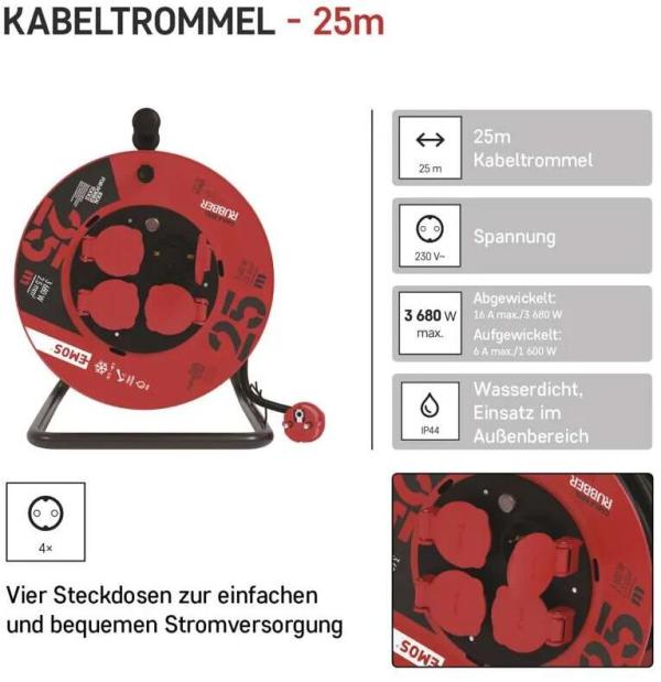 EMOS P19625 Kabeltrommel, SCHUKO, 4 Steckdosen, Länge 25m, 2,5mm², H05RR-F3G, Gummi, schwarz (1928542500)